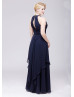 Beaded Halter Neck Navy Blue Chiffon Long Bridesmaid Dress